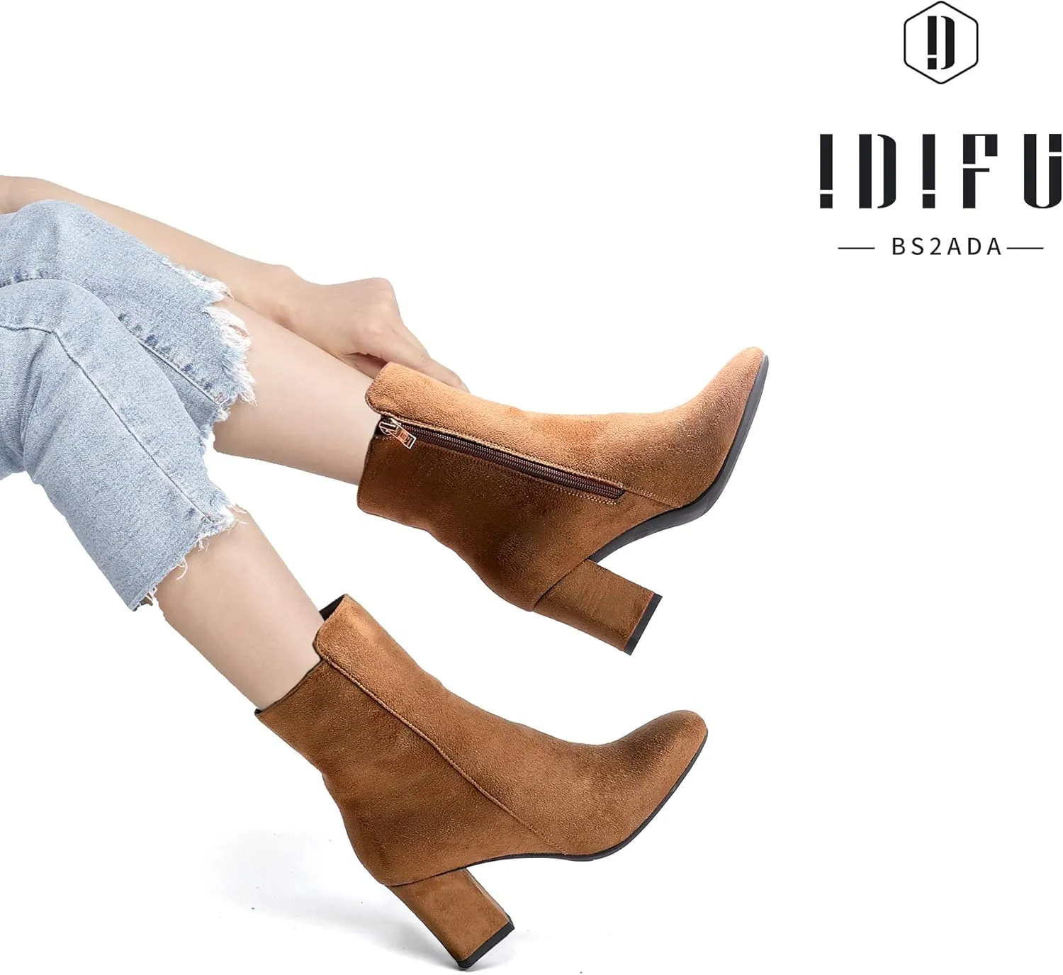 IDIFU Women's Ada Fashion Square Toe Ankle Boots Low Block Heel Short Boots Side Zipper Booties Shoes- Half Size Larger
