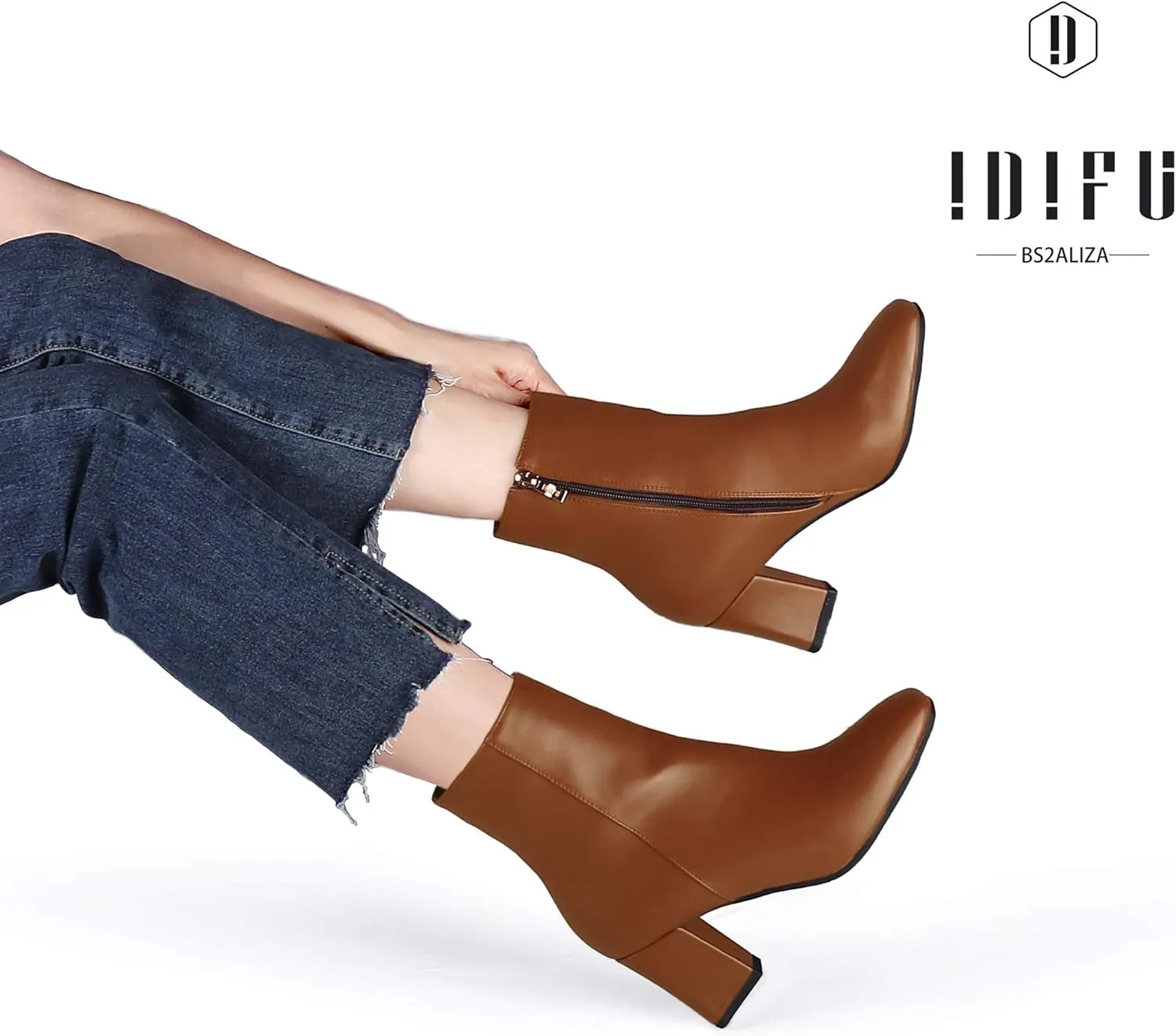 IDIFU Women's Aliza Fashion Square Toe Short Boots Side Zipper Low Block Heel Ankle Booties