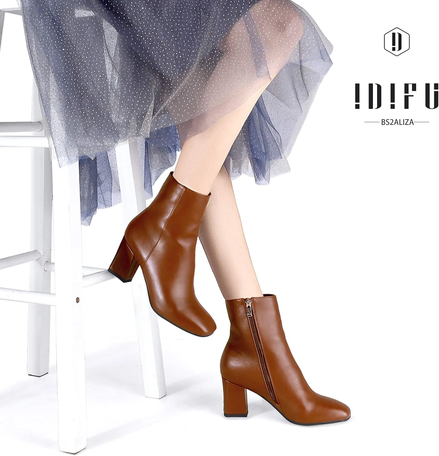 IDIFU Women's Aliza Fashion Square Toe Short Boots Side Zipper Low Block Heel Ankle Booties