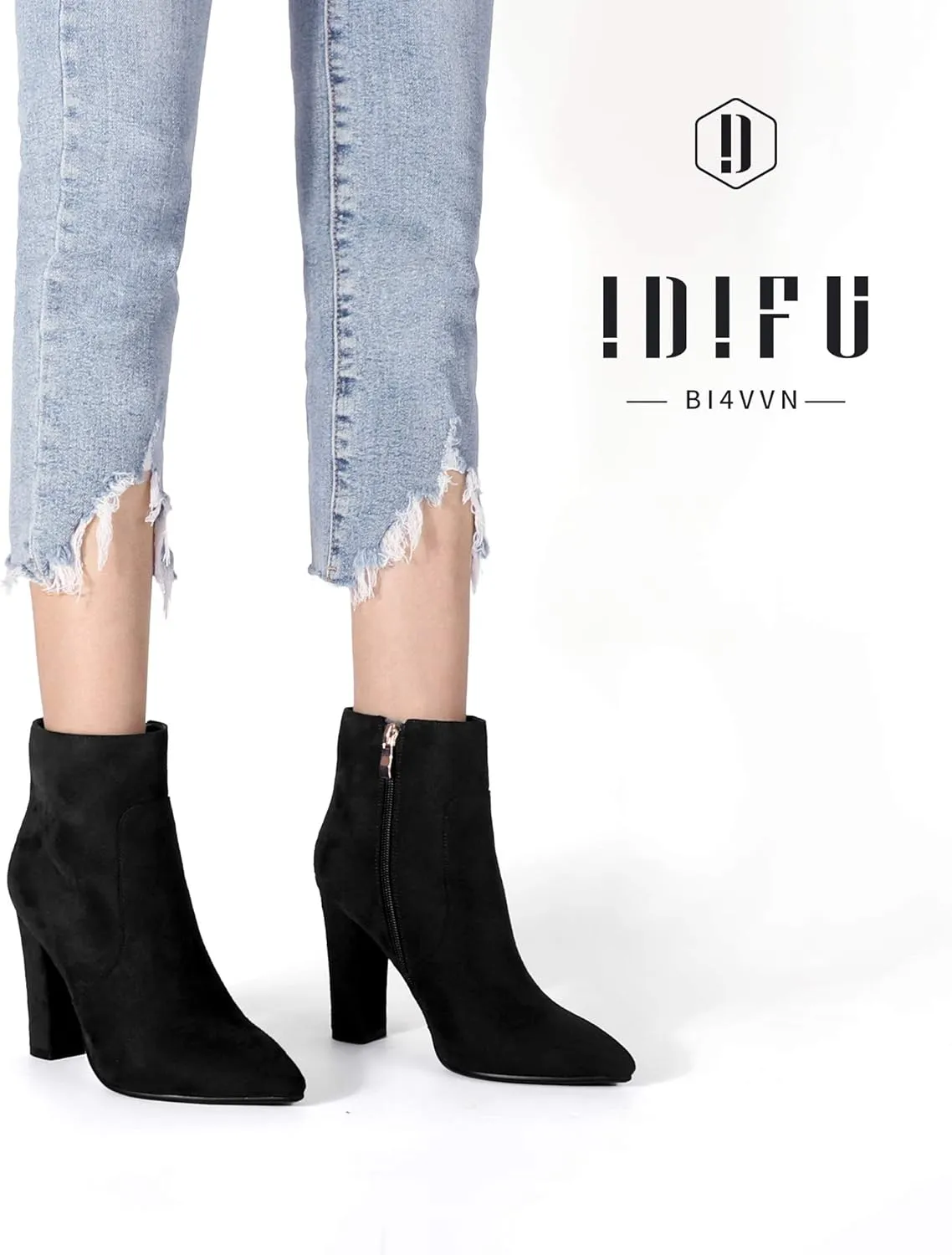 IDIFU Women's Fashion Ankle Boots Comfy Pointed Toe High Heels Side Zipper Booties