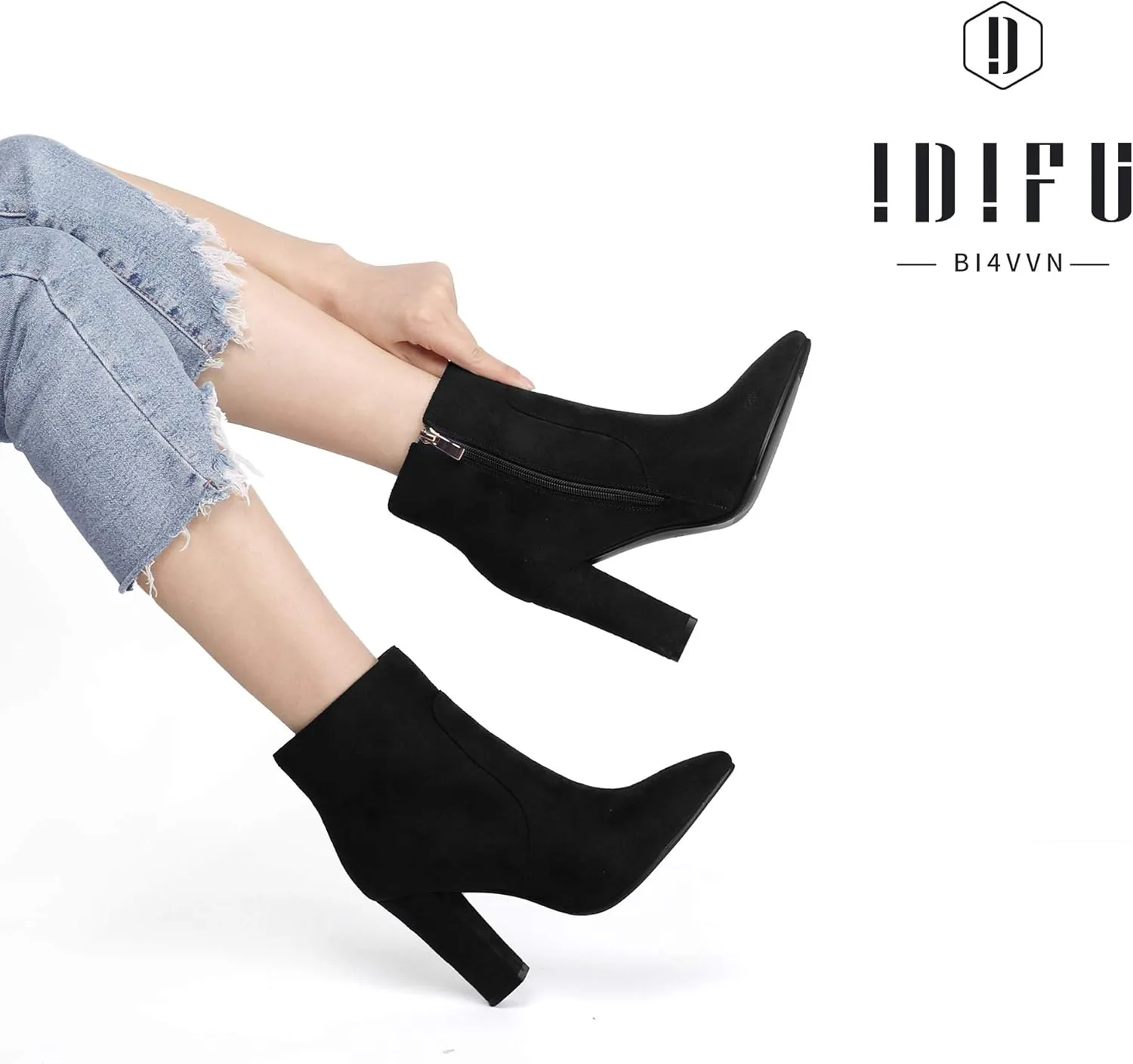 IDIFU Women's Fashion Ankle Boots Comfy Pointed Toe High Heels Side Zipper Booties