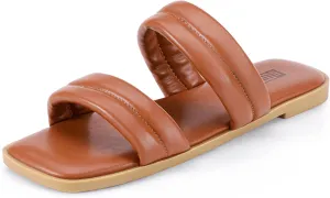IDIFU Women's Flat Sandals for Women Square Open Toe Two Soft Band Slip On Summer Comfortable Dressy Slide Beach Casual Wedding Dress Sandals