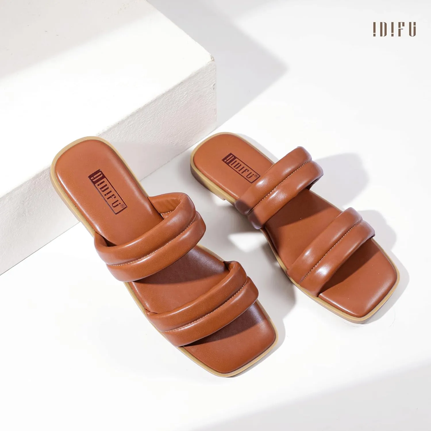 IDIFU Women's Flat Sandals for Women Square Open Toe Two Soft Band Slip On Summer Comfortable Dressy Slide Beach Casual Wedding Dress Sandals