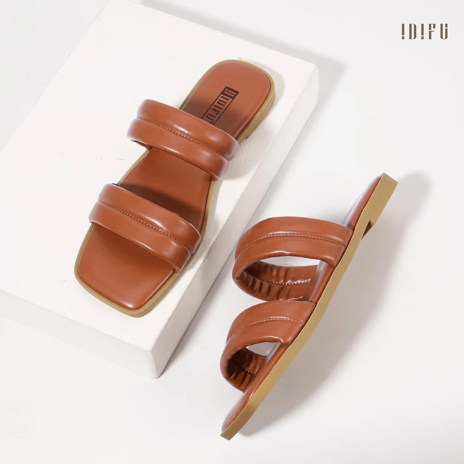 IDIFU Women's Flat Sandals for Women Square Open Toe Two Soft Band Slip On Summer Comfortable Dressy Slide Beach Casual Wedding Dress Sandals