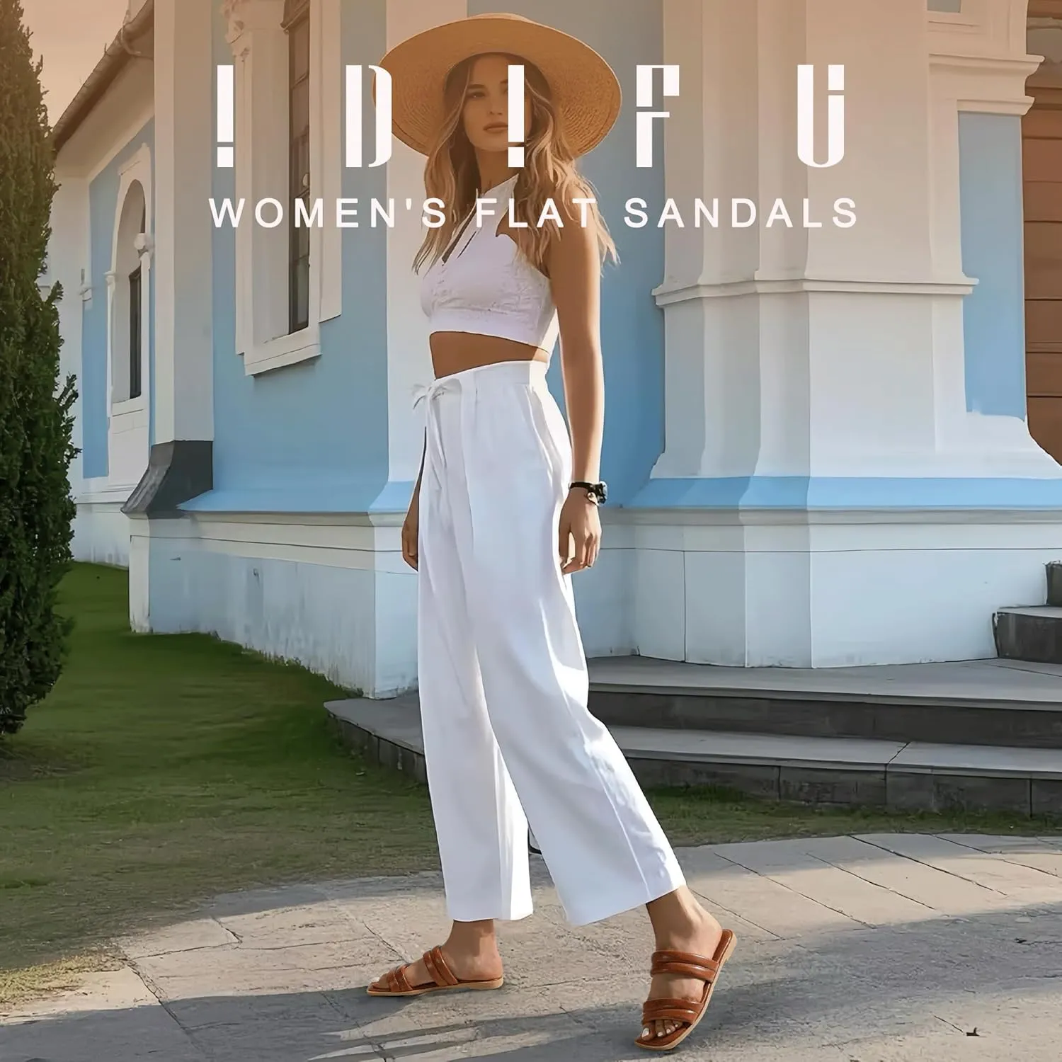 IDIFU Women's Flat Sandals for Women Square Open Toe Two Soft Band Slip On Summer Comfortable Dressy Slide Beach Casual Wedding Dress Sandals