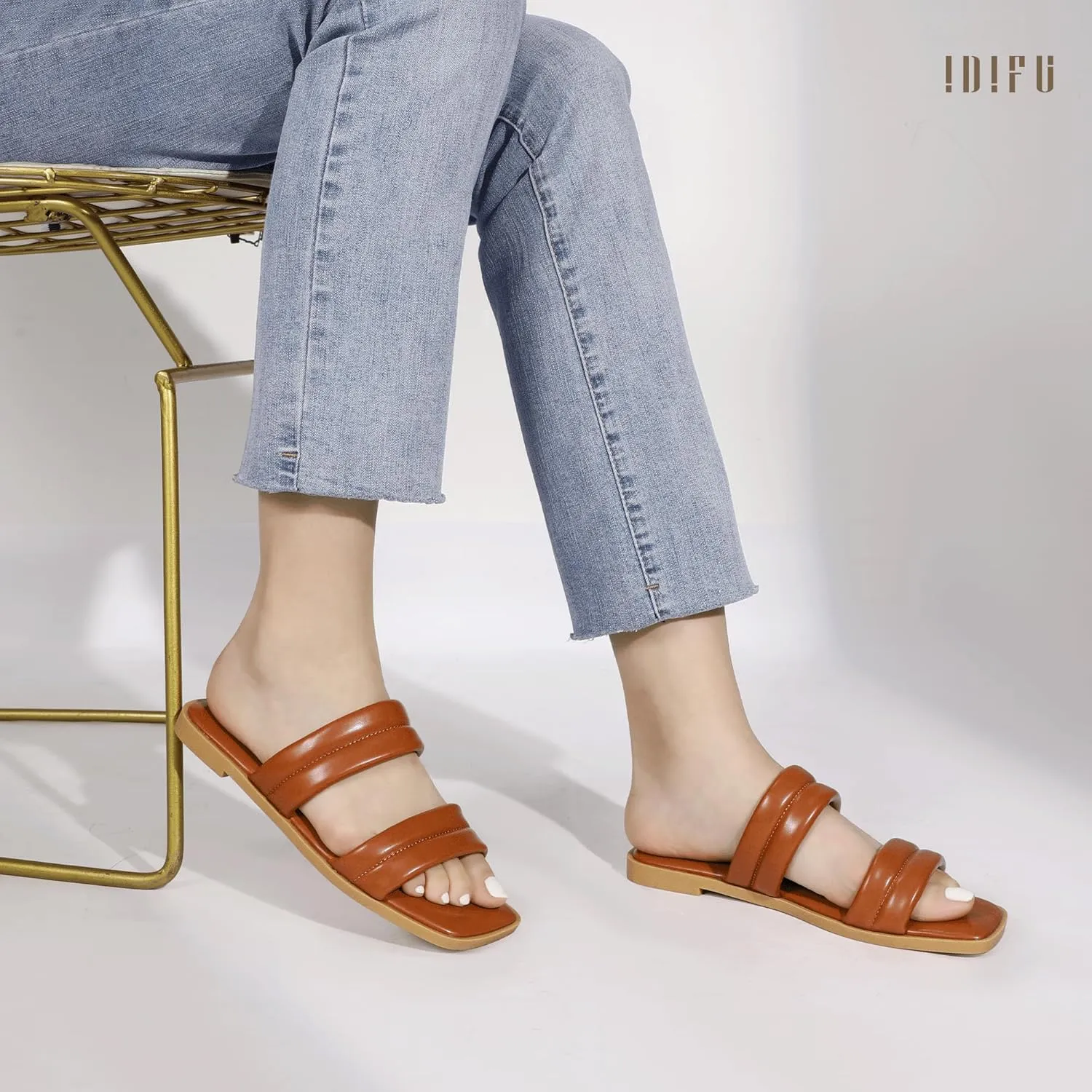 IDIFU Women's Flat Sandals for Women Square Open Toe Two Soft Band Slip On Summer Comfortable Dressy Slide Beach Casual Wedding Dress Sandals