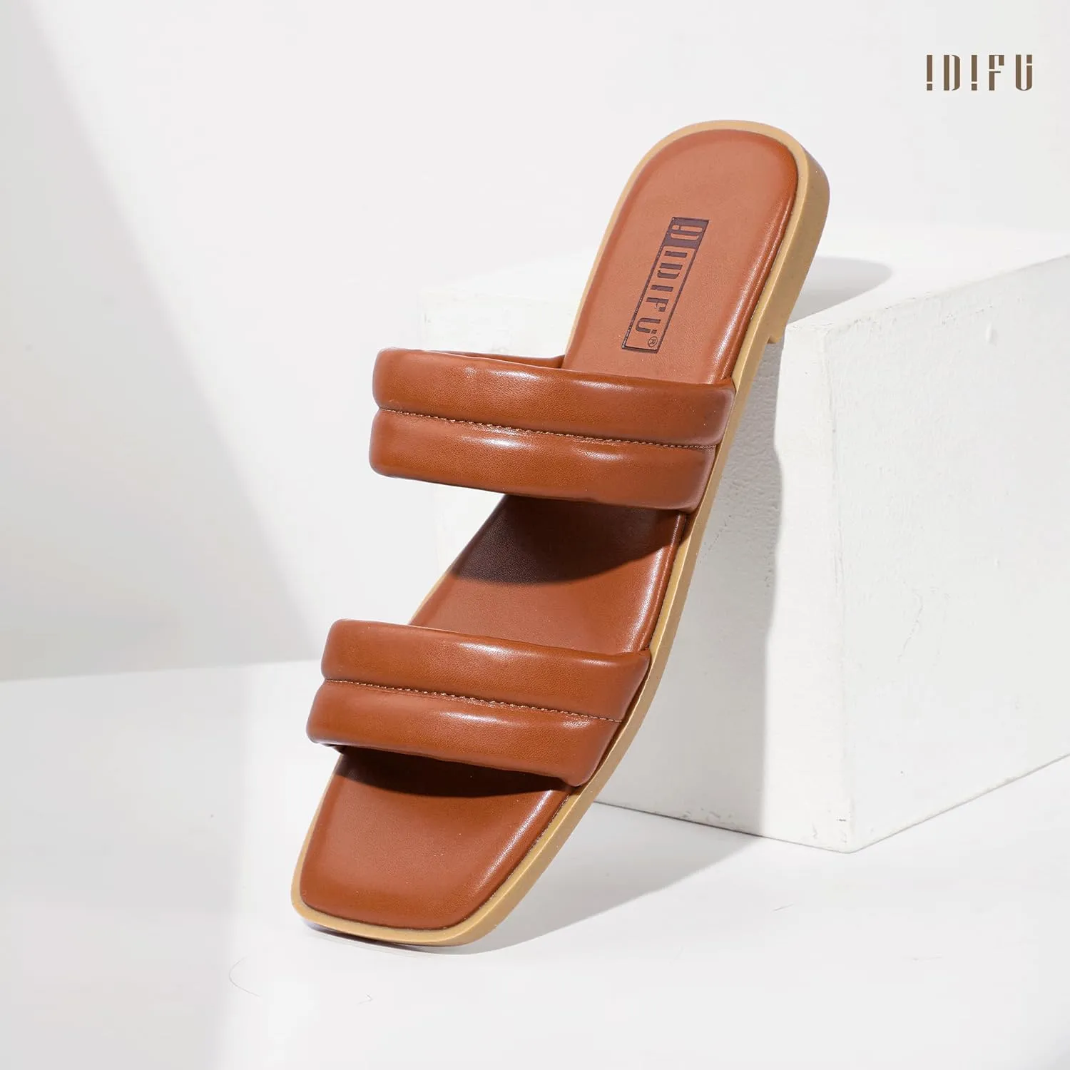 IDIFU Women's Flat Sandals for Women Square Open Toe Two Soft Band Slip On Summer Comfortable Dressy Slide Beach Casual Wedding Dress Sandals