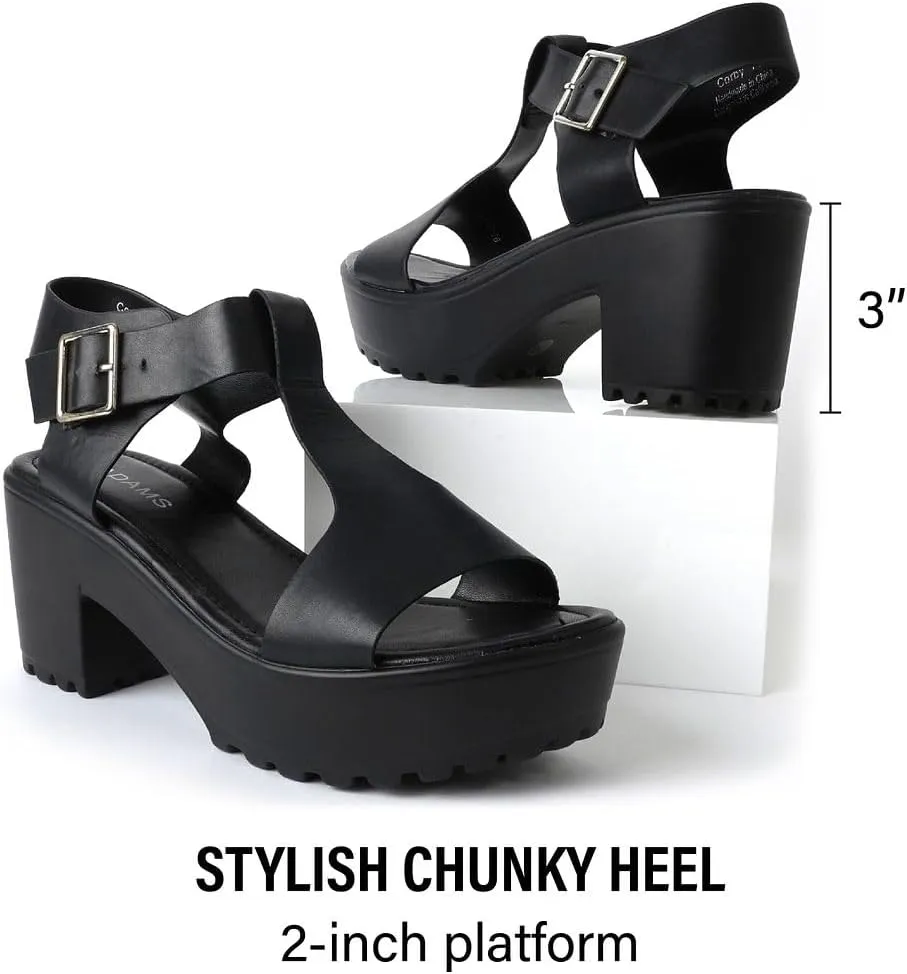 J. Adams Corby Platform Sandals Heeled Sandals for Womens - T-Strap Chunky Mid Heel Sandal Wedges for Women - Women's Footwear Platform Shoes - Summer Shoes for Women