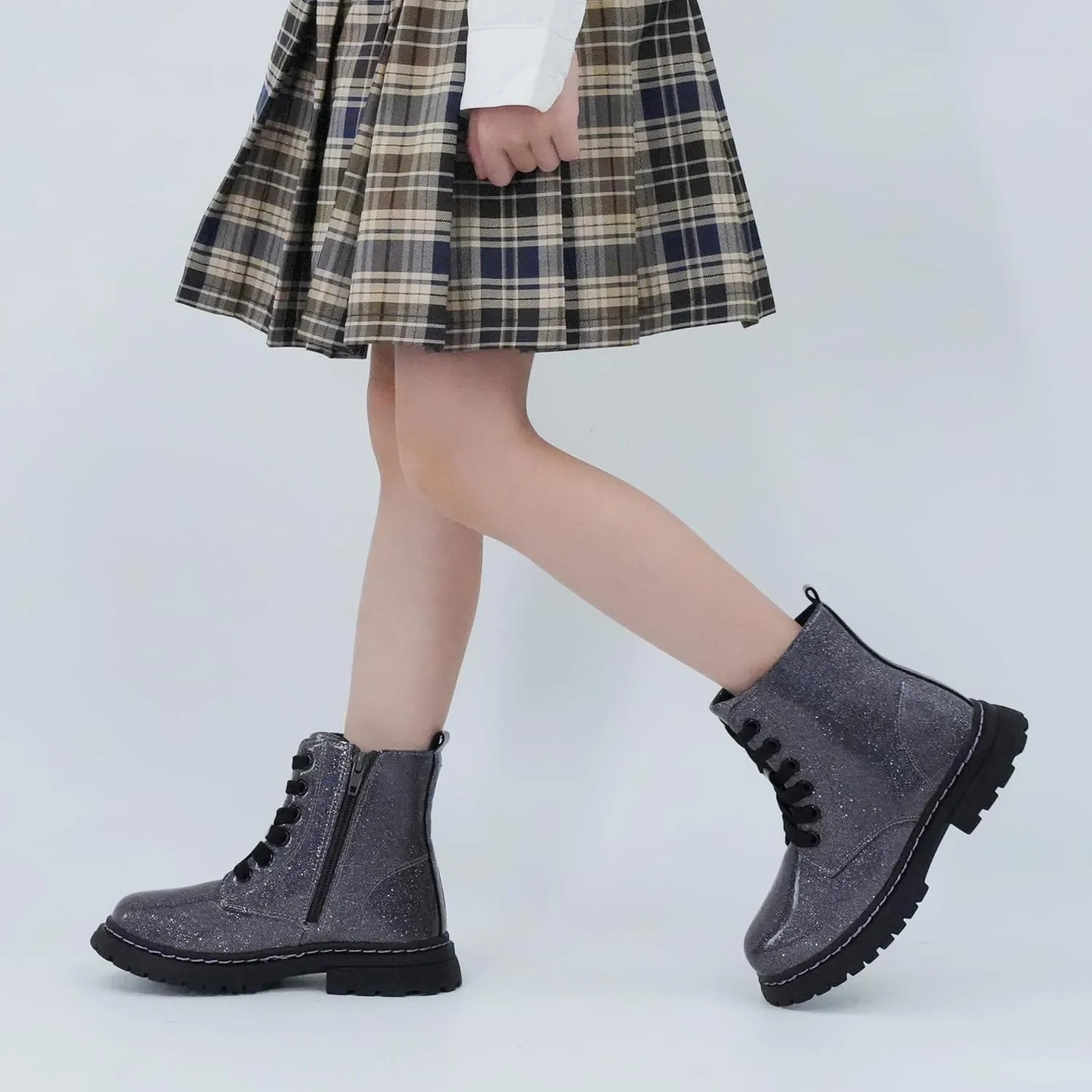 JABASIC Girls Boys Ankle Boots Lace-Up Waterproof Work Boots with Side Zipper