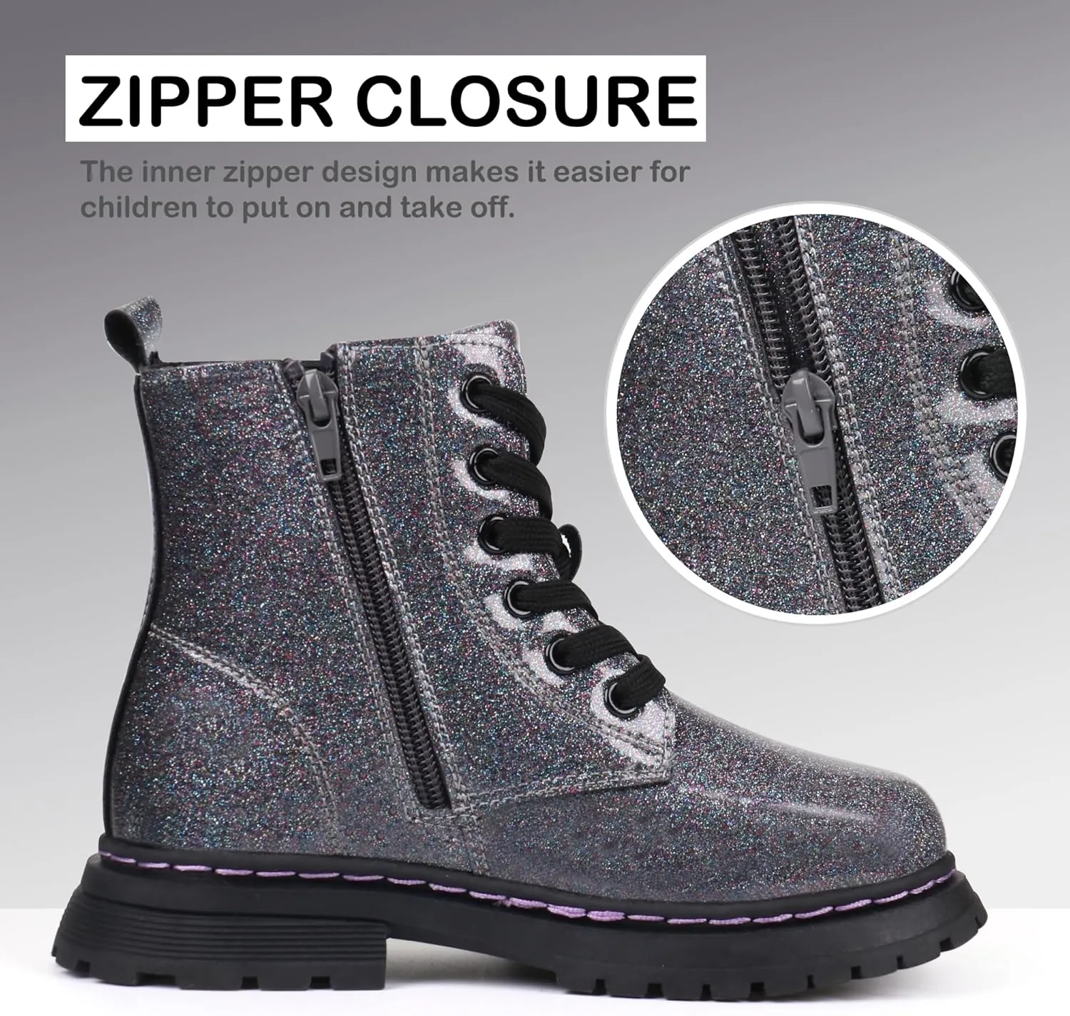 JABASIC Girls Boys Ankle Boots Lace-Up Waterproof Work Boots with Side Zipper