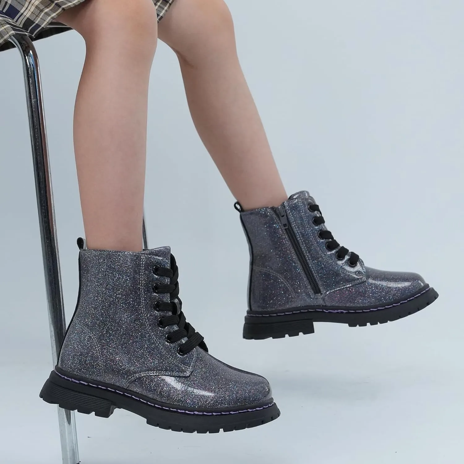 JABASIC Girls Boys Ankle Boots Lace-Up Waterproof Work Boots with Side Zipper