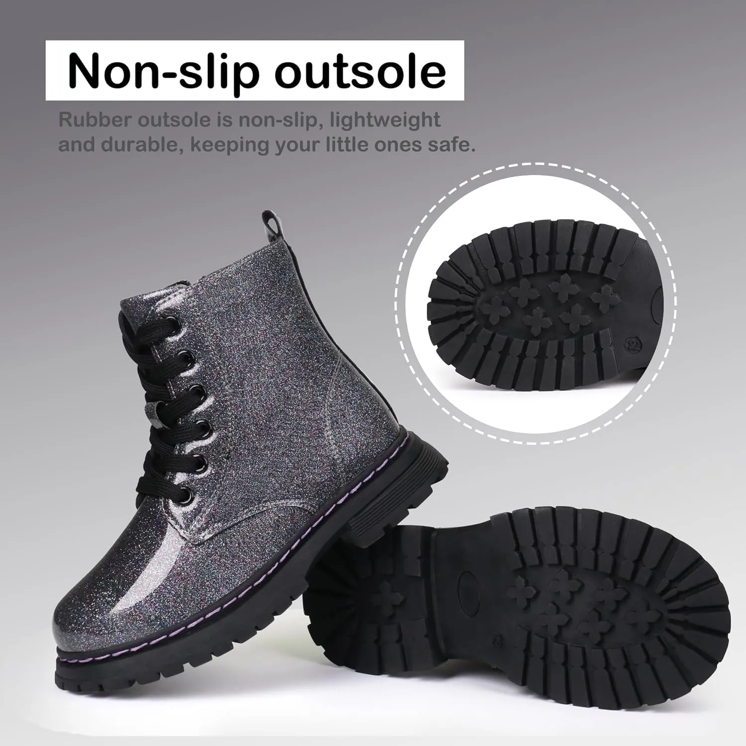 JABASIC Girls Boys Ankle Boots Lace-Up Waterproof Work Boots with Side Zipper