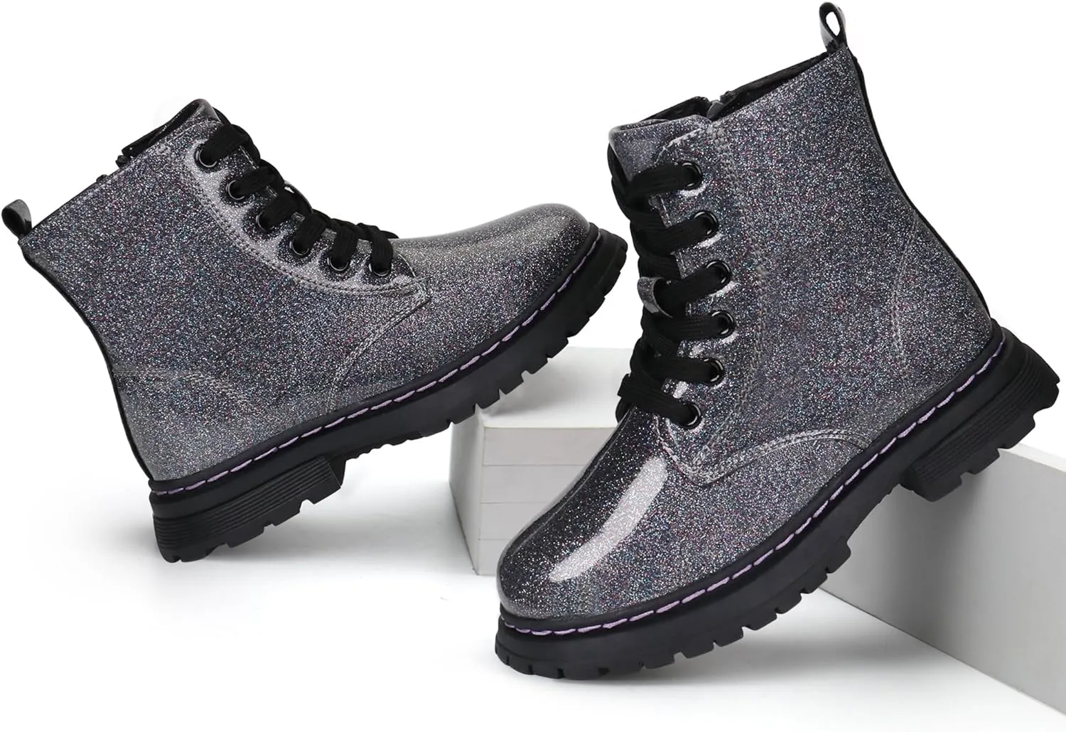 JABASIC Girls Boys Ankle Boots Lace-Up Waterproof Work Boots with Side Zipper