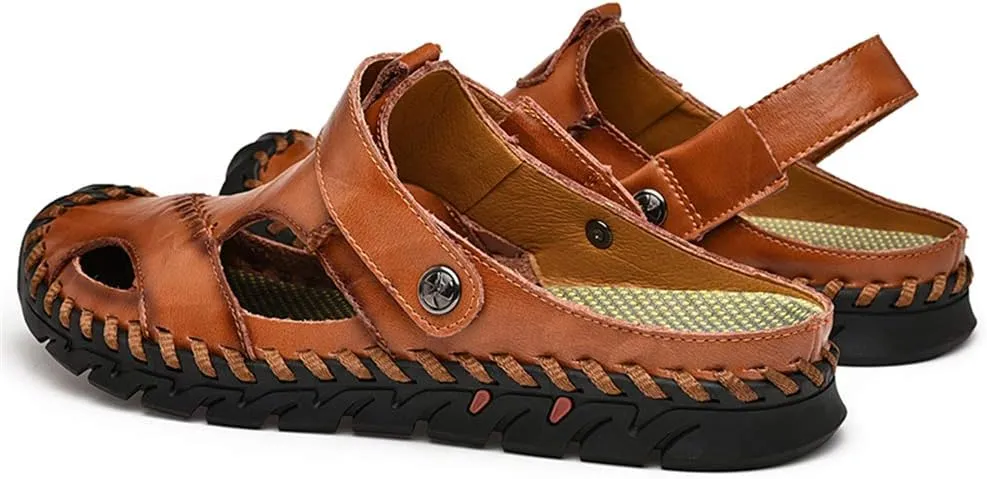 JAMONWU Men's Casual Closed Toe Adjustable Leather Sandals Handmade Fisherman Beach Sandals