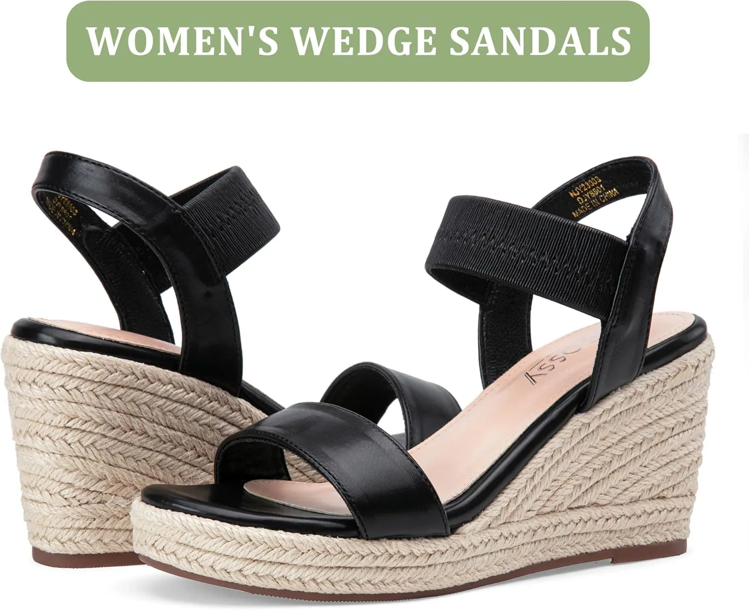 Jeossy Women's Wedge Platform Black Sandals, Espadrille Comfort Elastic Ankle Strap 8801 Sandals