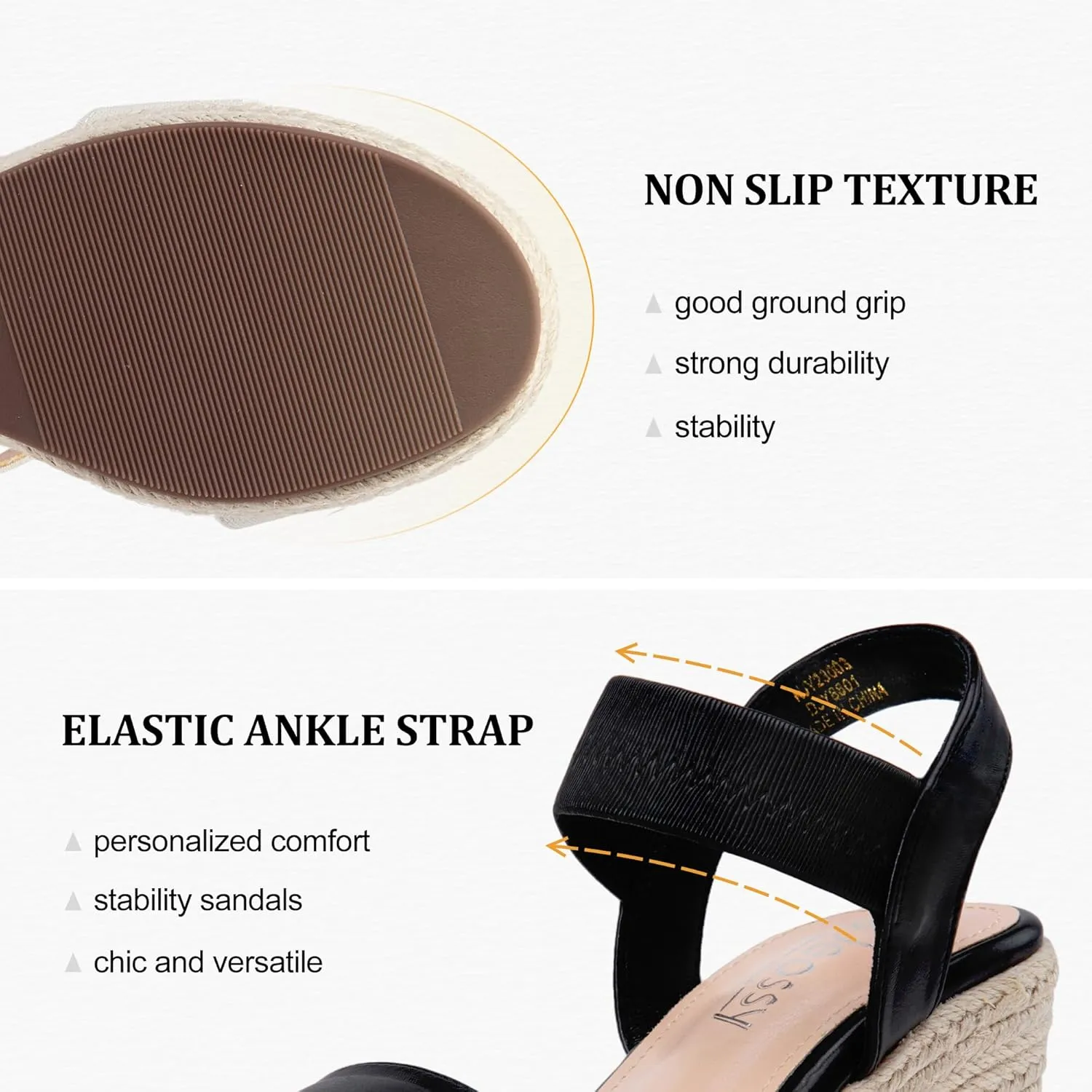 Jeossy Women's Wedge Platform Black Sandals, Espadrille Comfort Elastic Ankle Strap 8801 Sandals