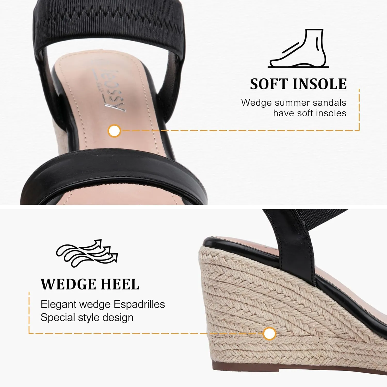 Jeossy Women's Wedge Platform Black Sandals, Espadrille Comfort Elastic Ankle Strap 8801 Sandals