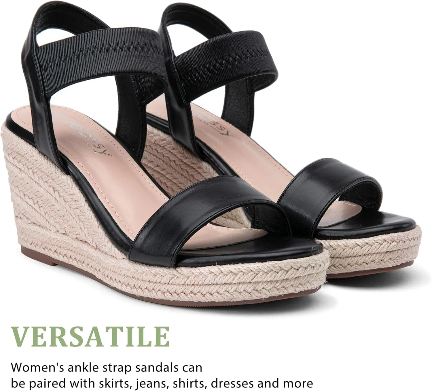 Jeossy Women's Wedge Platform Black Sandals, Espadrille Comfort Elastic Ankle Strap 8801 Sandals