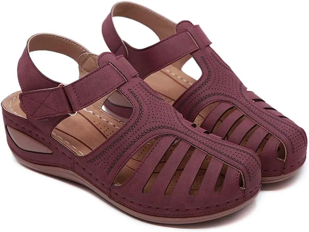 JITUUE Women's Summer Beach Wedge Sandals Bohemia Flip-Flop Ankle Strap Causal Closed Toe Cutout Flats Soft Comfort Comfy Low Wedge Shoes Gladiator Outdoor Shoes