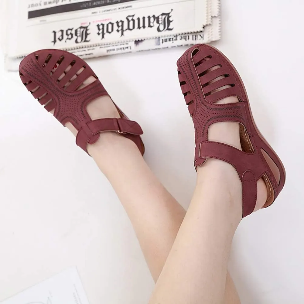 JITUUE Women's Summer Beach Wedge Sandals Bohemia Flip-Flop Ankle Strap Causal Closed Toe Cutout Flats Soft Comfort Comfy Low Wedge Shoes Gladiator Outdoor Shoes