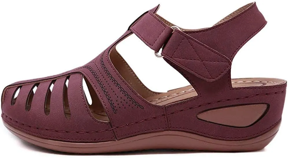JITUUE Women's Summer Beach Wedge Sandals Bohemia Flip-Flop Ankle Strap Causal Closed Toe Cutout Flats Soft Comfort Comfy Low Wedge Shoes Gladiator Outdoor Shoes