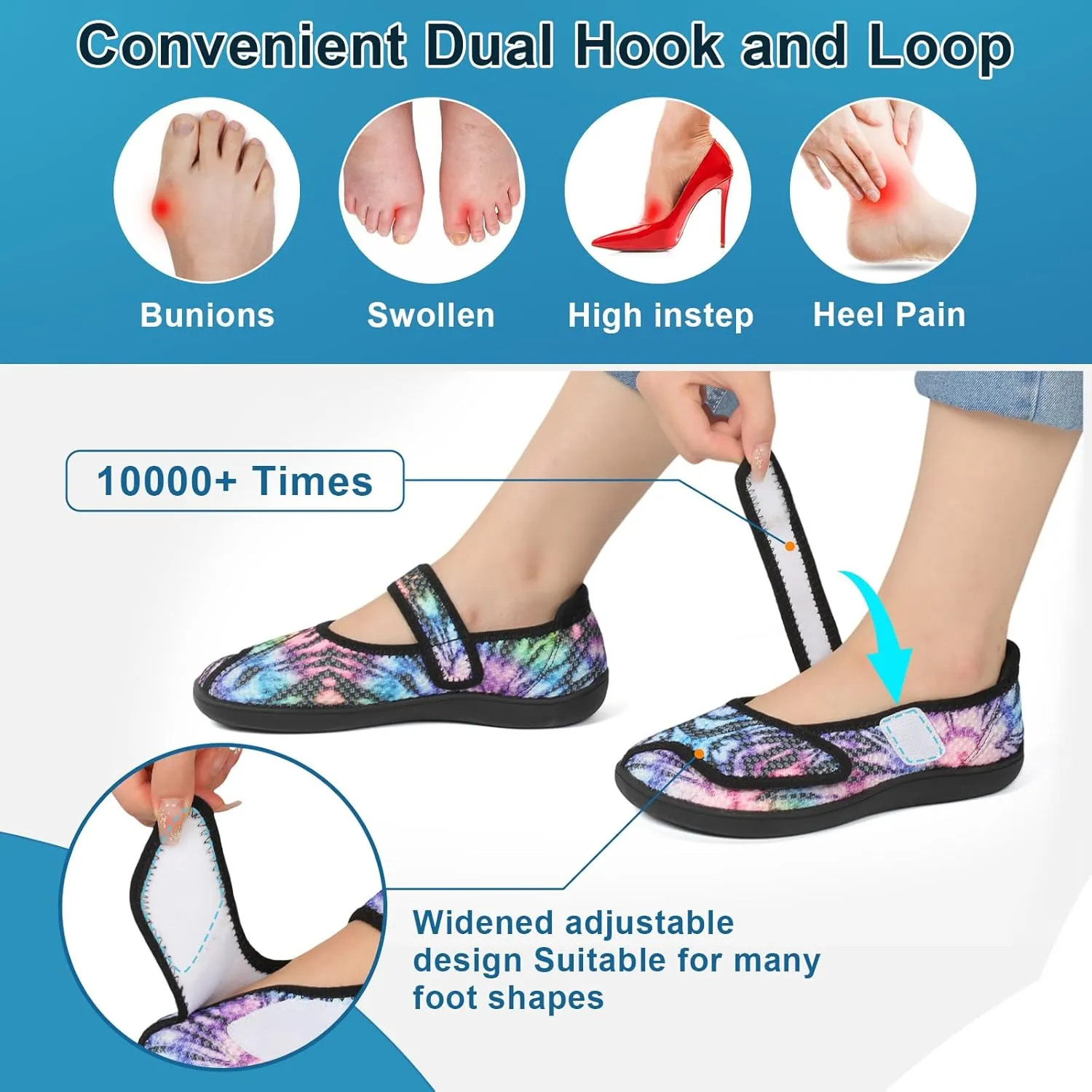 JOINFREE Womens Barefoot Walking Shoes Wide Diabetic Shoes Adjustable Mary Jane Shoes Flats Arthritis Edema Casual Shoes Breathable Slip on Sneakers Indoor Outdoor
