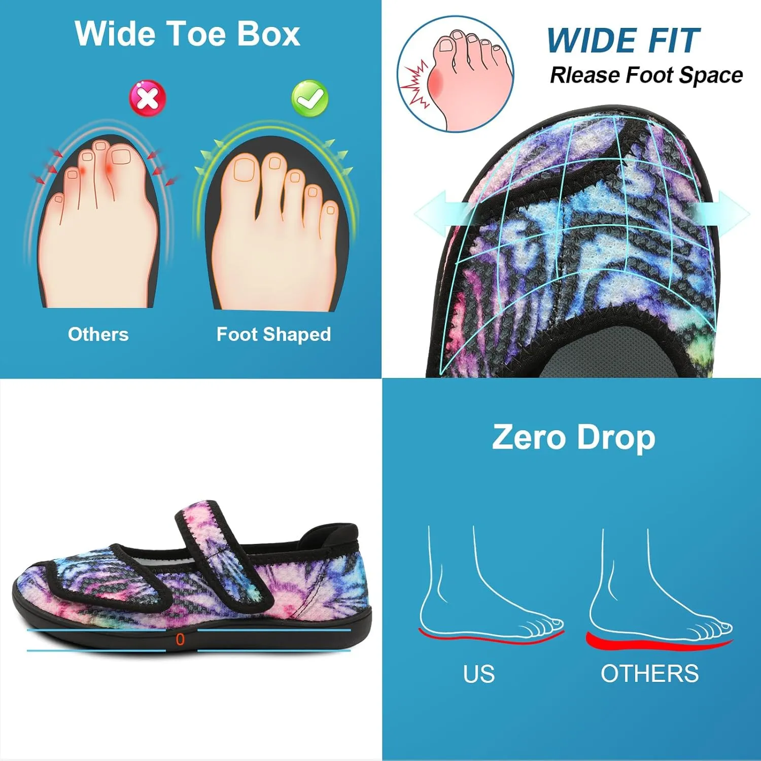 JOINFREE Womens Barefoot Walking Shoes Wide Diabetic Shoes Adjustable Mary Jane Shoes Flats Arthritis Edema Casual Shoes Breathable Slip on Sneakers Indoor Outdoor