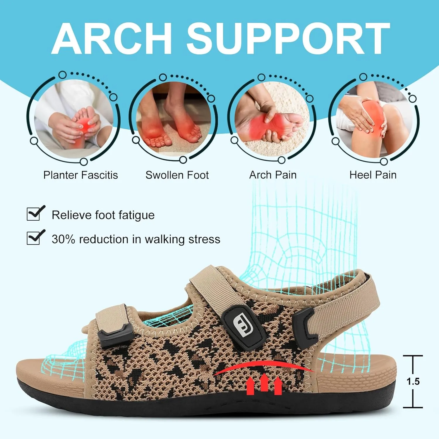 JOINFREE Womens Orthopedic Walking Hiking Sandals Adjustable Open Toe Sports Water Sandals with Plantar Fasciitis Arch Support Thick Athletic Cushion Outdoor Beach Sandals