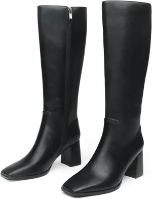 JOY IN LOVE Knee High Boots Women Chunky Block Heel Square Toe Zipper Boots