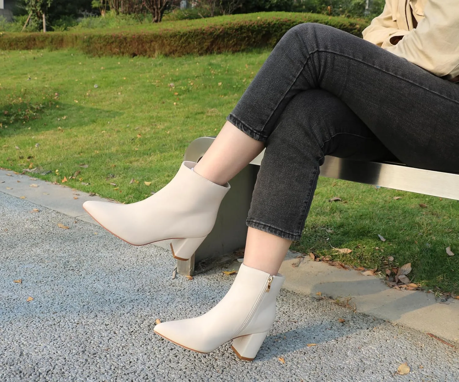 JOY IN LOVE Women's Ankle Boots Chunky Block Heel Pointed Toe Zipper Boots