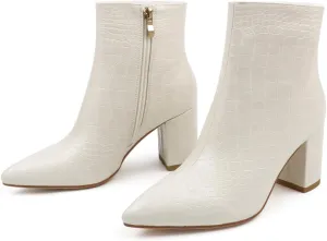 JOY IN LOVE Women's Ankle Boots Chunky Block Heel Pointed Toe Zipper Boots