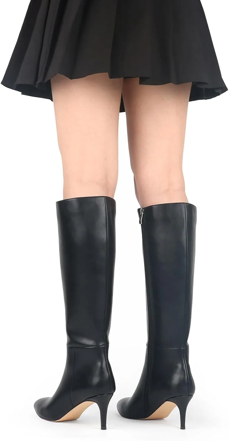 JOY IN LOVE Women's Knee High Tall Boots 2.75" Stiletto Heel Pointed Toe Zipper Boots