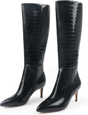 JOY IN LOVE Women's Knee High Tall Boots 2.75" Stiletto Heel Pointed Toe Zipper Boots
