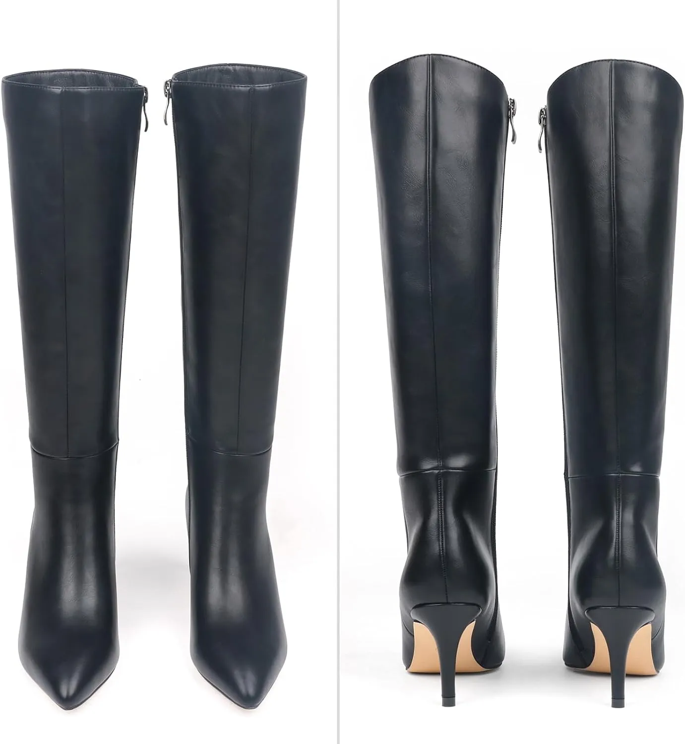 JOY IN LOVE Women's Knee High Tall Boots 2.75" Stiletto Heel Pointed Toe Zipper Boots
