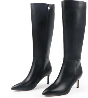 JOY IN LOVE Women's Knee High Tall Boots 2.75" Stiletto Heel Pointed Toe Zipper Boots
