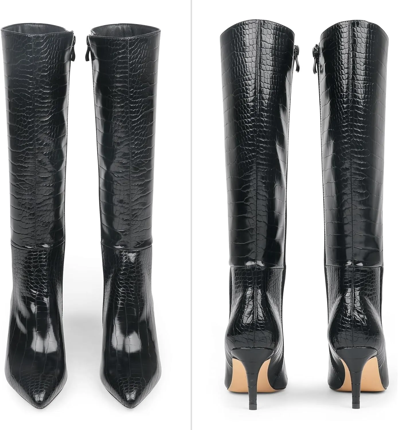 JOY IN LOVE Women's Knee High Tall Boots 2.75" Stiletto Heel Pointed Toe Zipper Boots