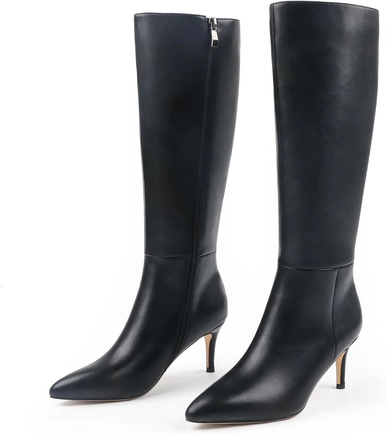 JOY IN LOVE Women's Knee High Tall Boots 2.75" Stiletto Heel Pointed Toe Zipper Boots