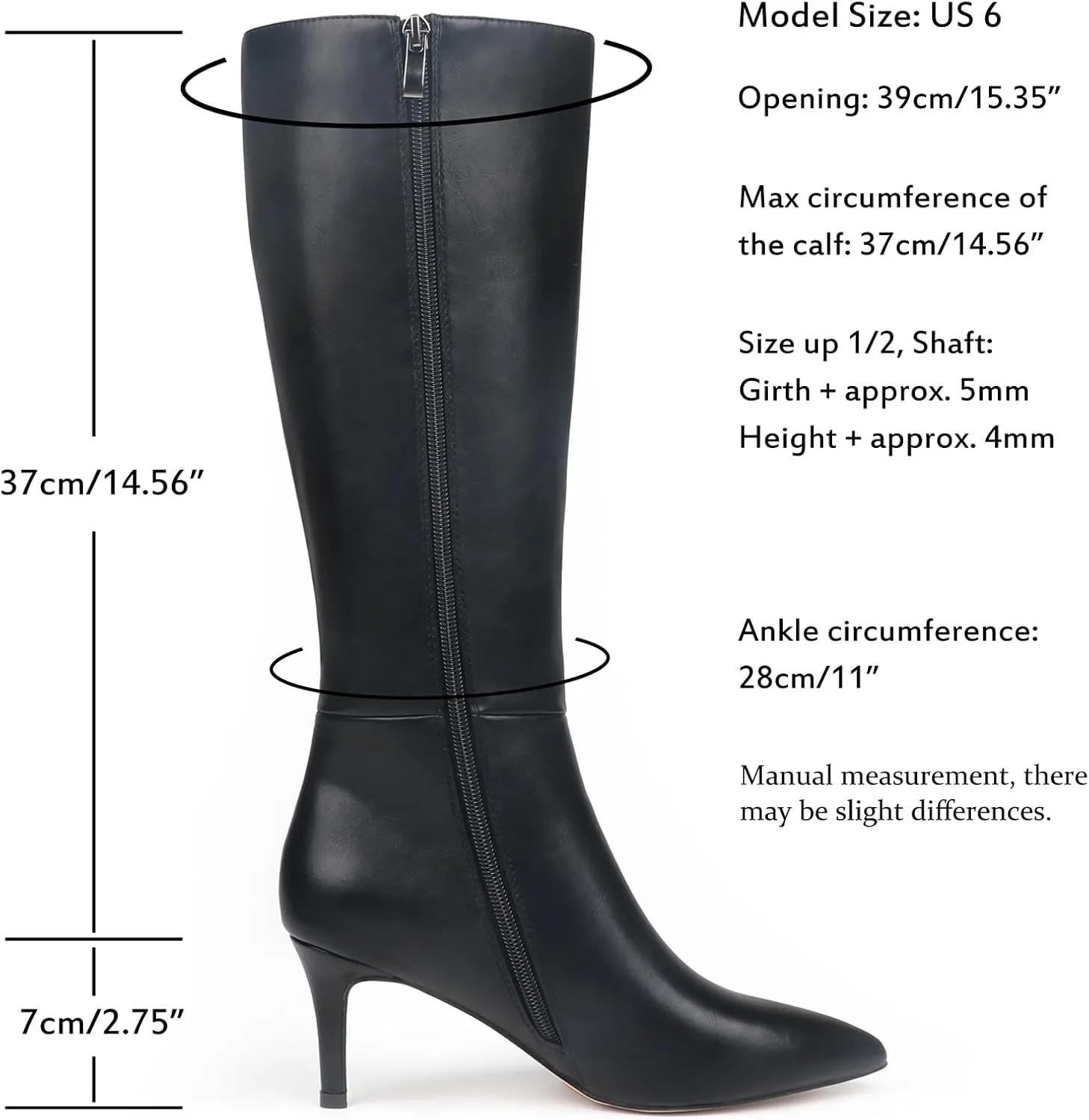 JOY IN LOVE Women's Knee High Tall Boots 2.75" Stiletto Heel Pointed Toe Zipper Boots