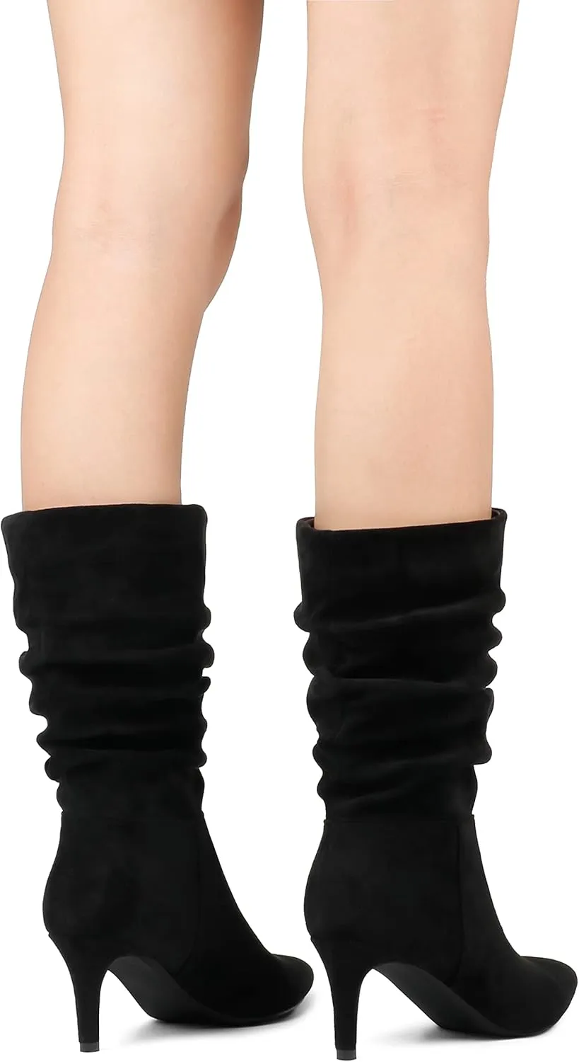 JOY IN LOVE Women's Low Heel Boots, Mid-Calf High Wrinkled Slouchy Boots