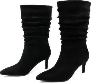 JOY IN LOVE Women's Low Heel Boots, Mid-Calf High Wrinkled Slouchy Boots
