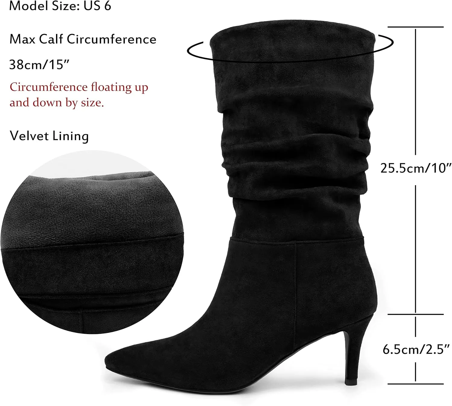 JOY IN LOVE Women's Low Heel Boots, Mid-Calf High Wrinkled Slouchy Boots
