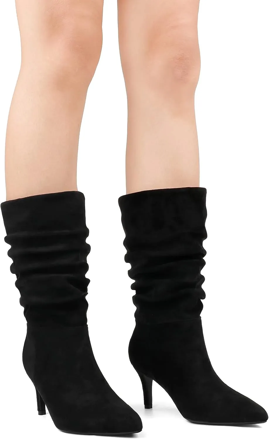 JOY IN LOVE Women's Low Heel Boots, Mid-Calf High Wrinkled Slouchy Boots