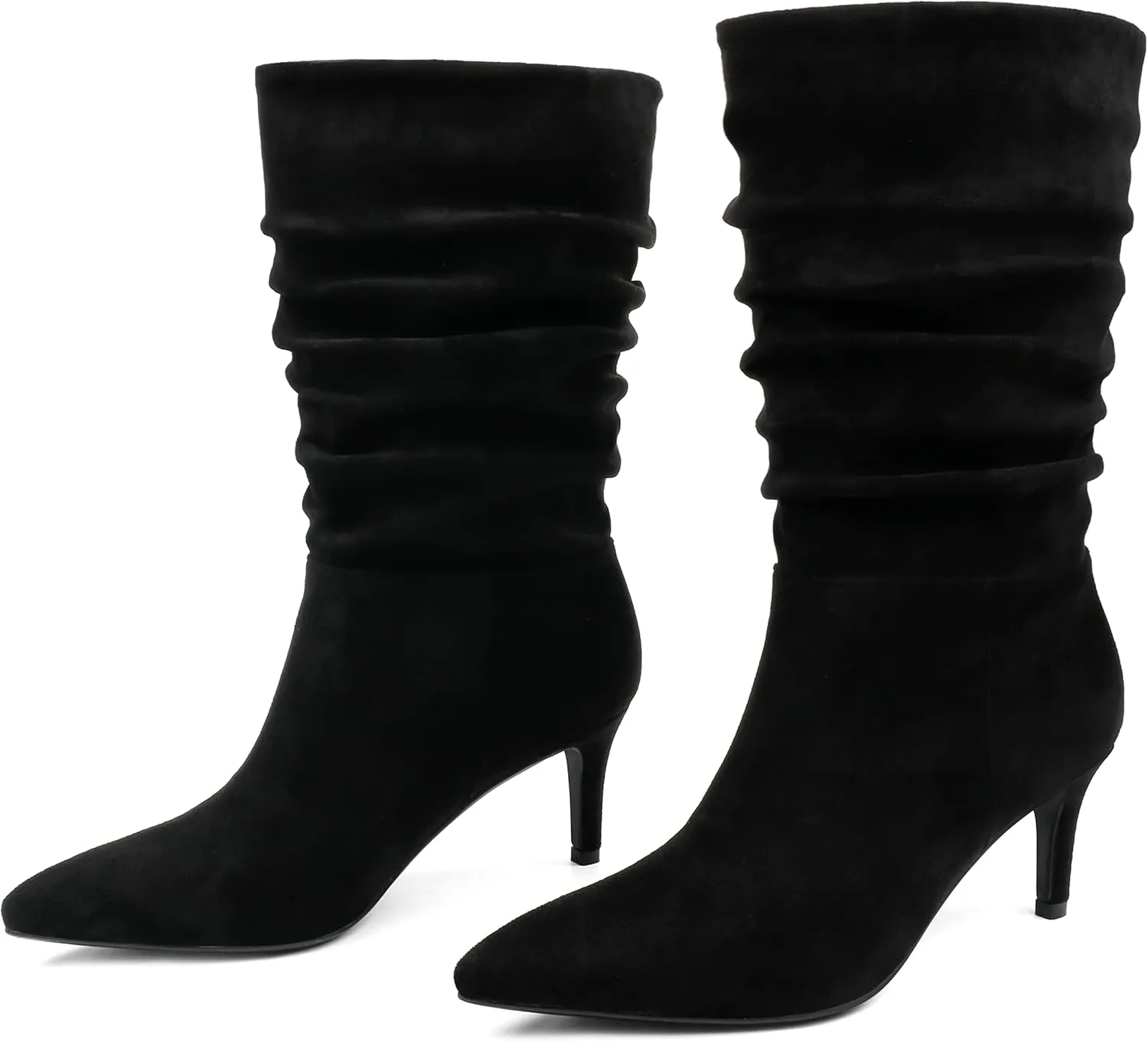JOY IN LOVE Women's Low Heel Boots, Mid-Calf High Wrinkled Slouchy Boots