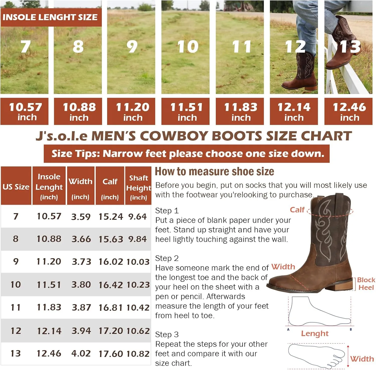 J's.o.l.e Men's Cowboy Western Boots Comfortable Wide Calf Square Toe Boots