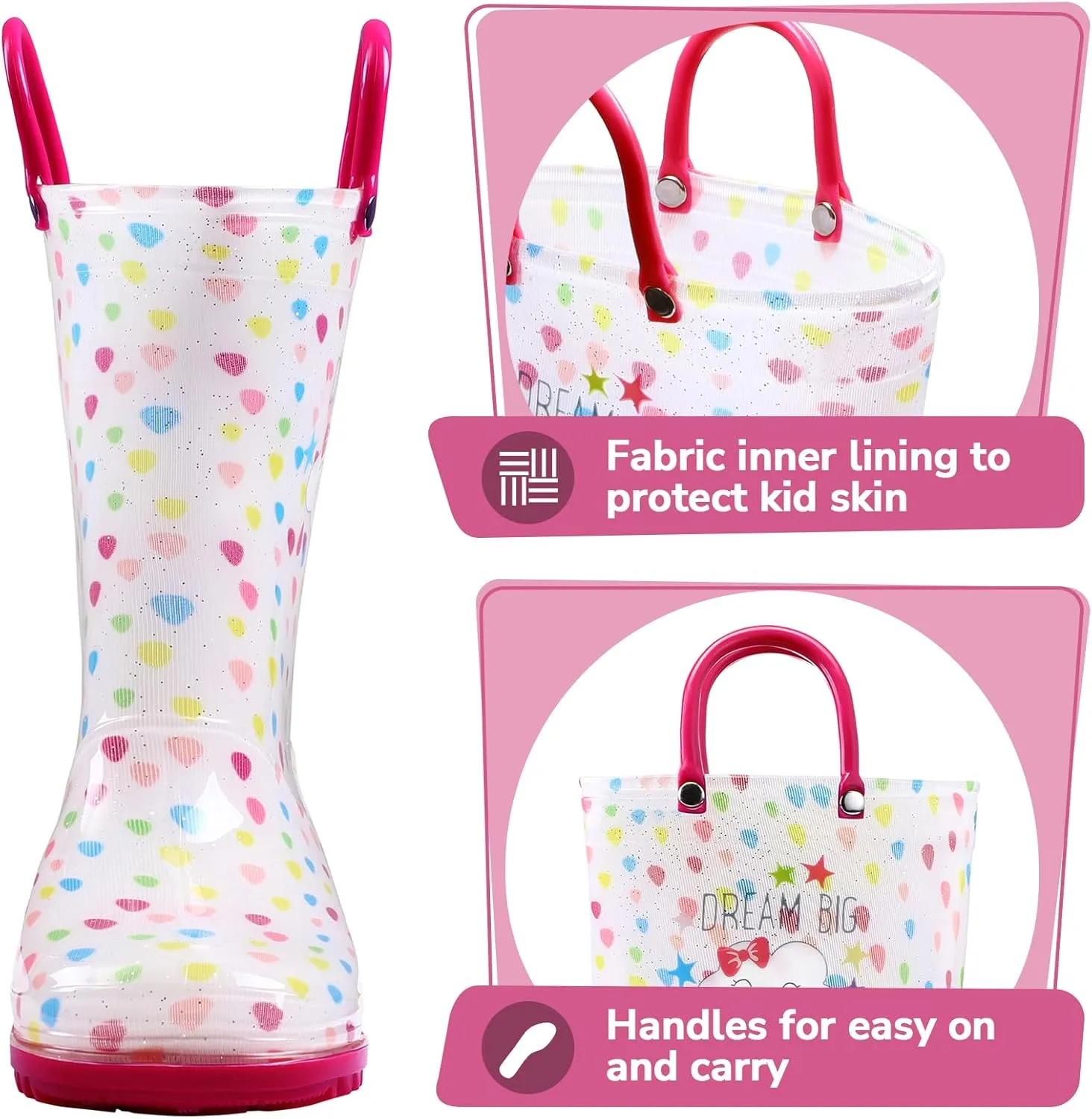 K KomForme Girls Boys Rain Boots Waterproof with Easy on Handles for Toddler/Little Kid/Big Kid