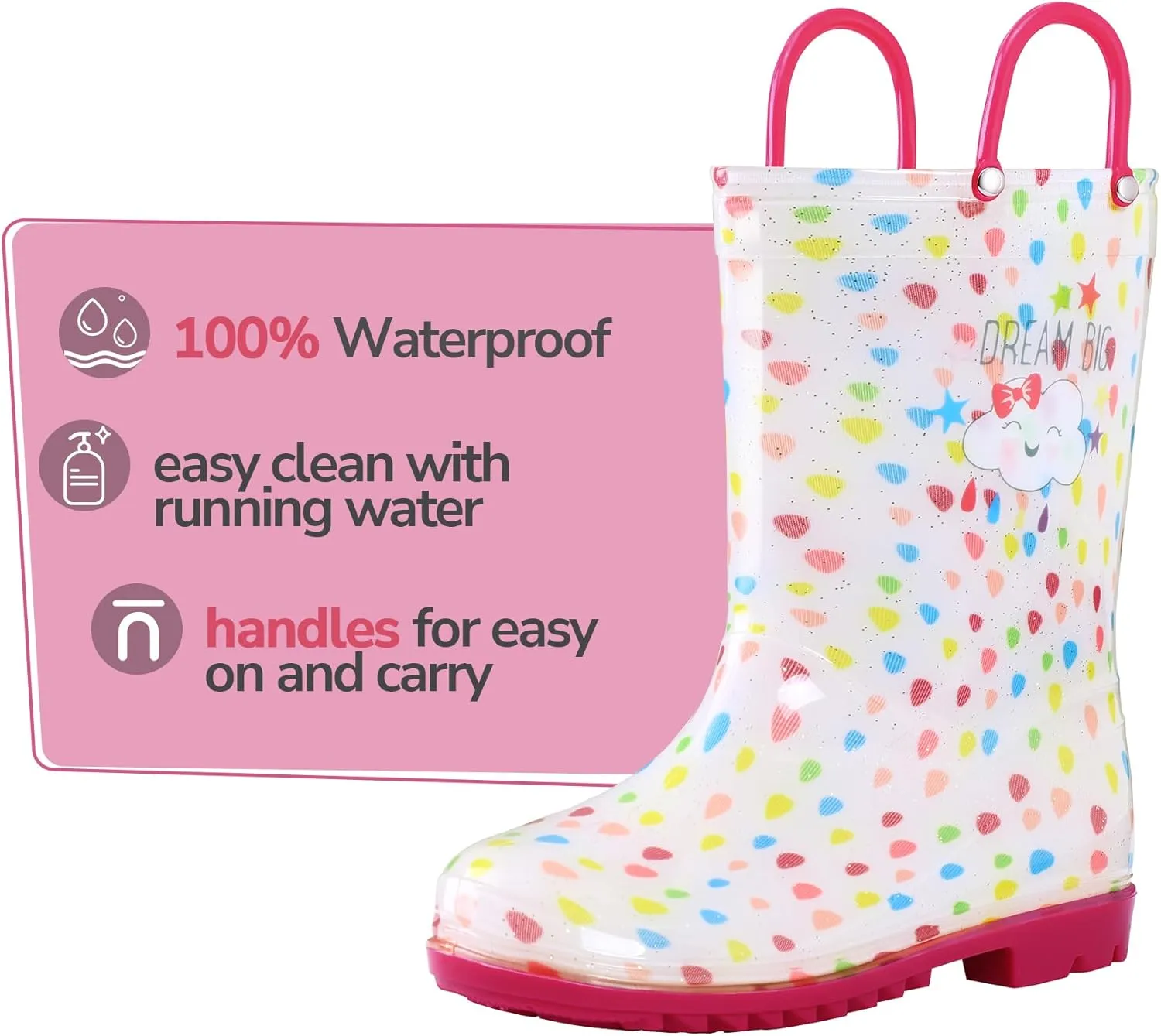 K KomForme Girls Boys Rain Boots Waterproof with Easy on Handles for Toddler/Little Kid/Big Kid