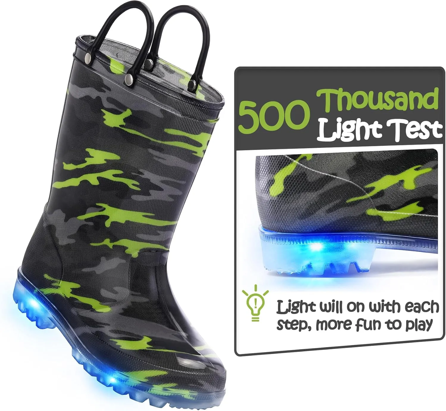 K KomForme Kids Rain Boots, Waterproof Light up Boots with Easy-on Handles