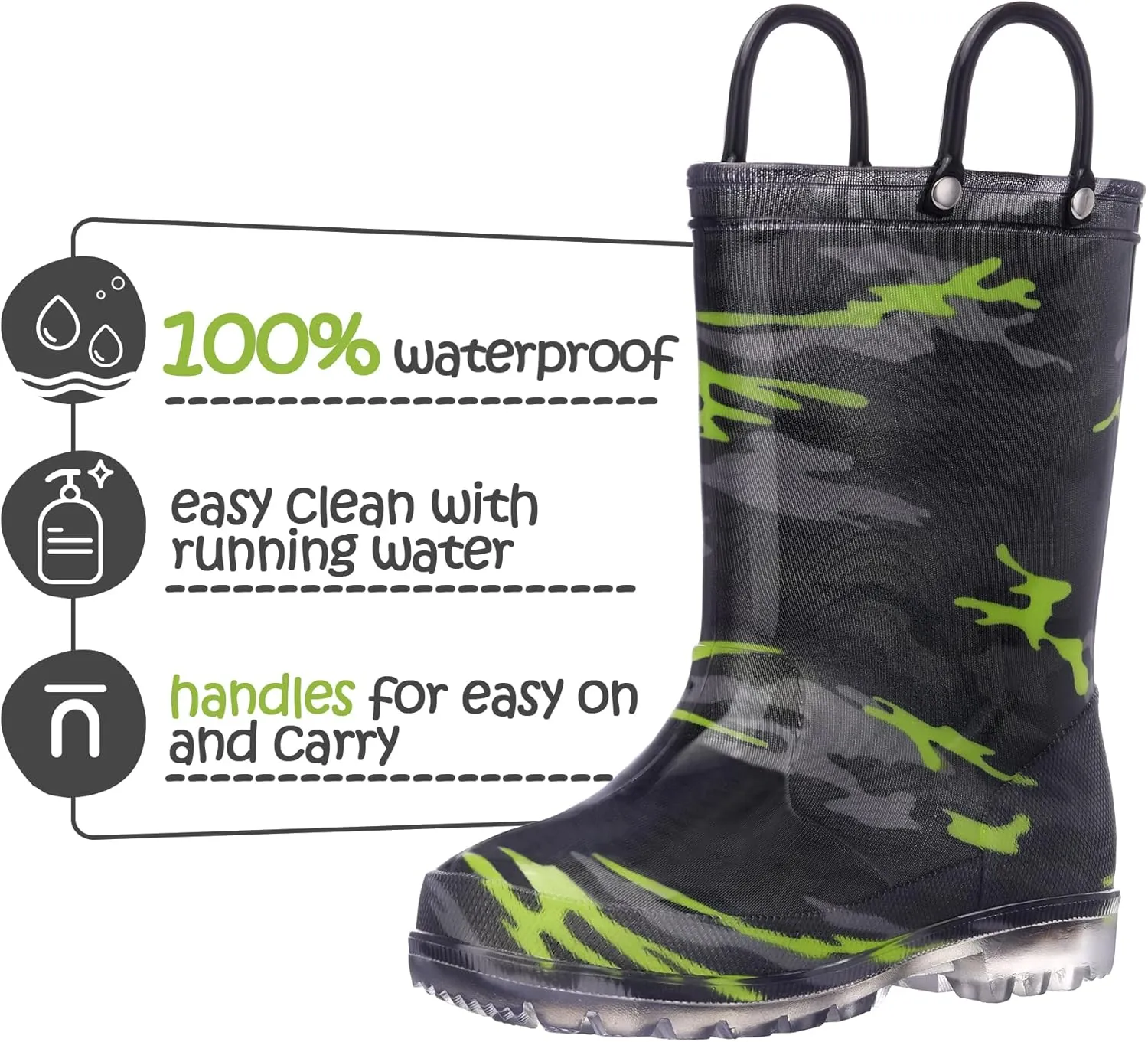 K KomForme Kids Rain Boots, Waterproof Light up Boots with Easy-on Handles