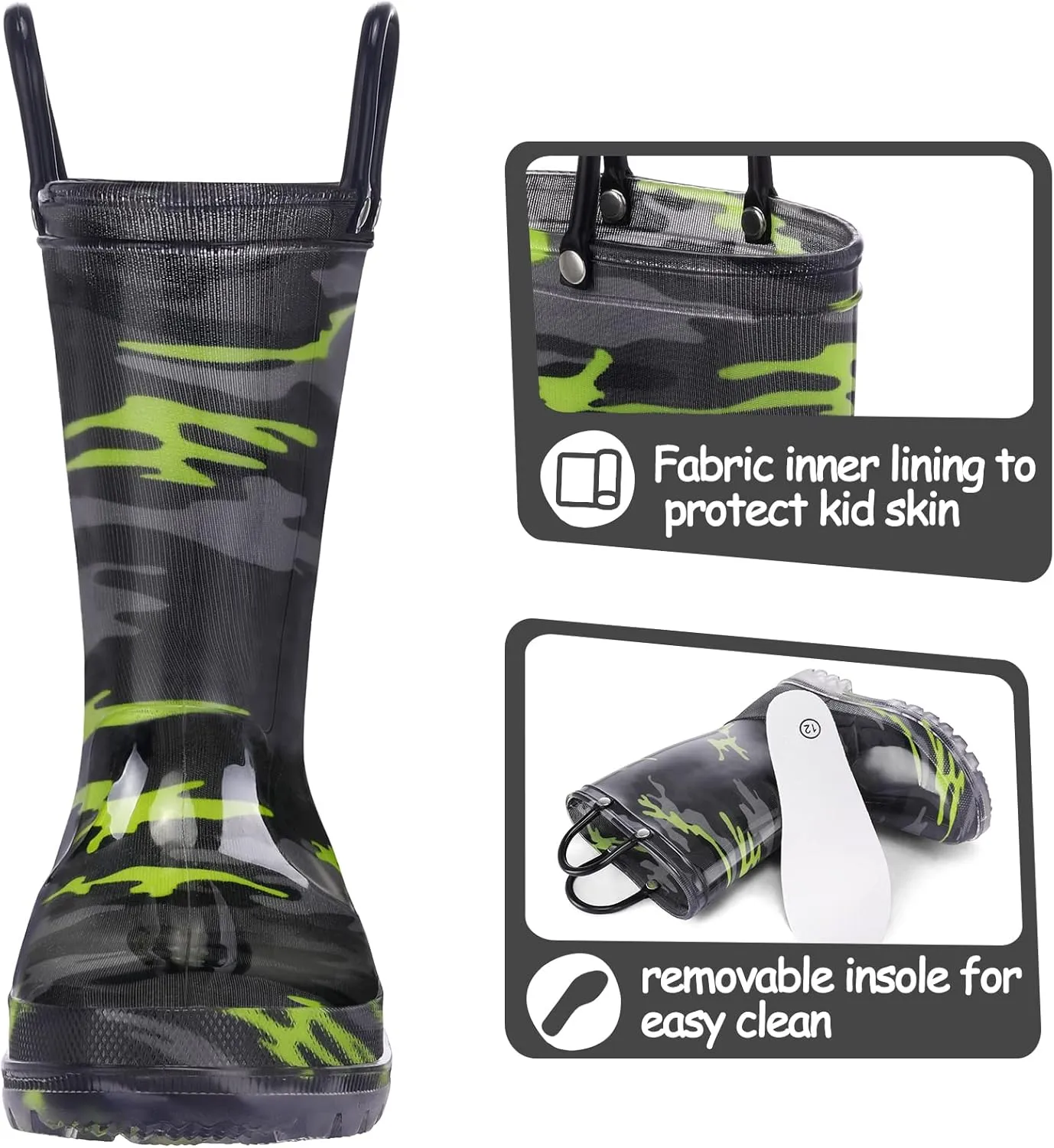 K KomForme Kids Rain Boots, Waterproof Light up Boots with Easy-on Handles