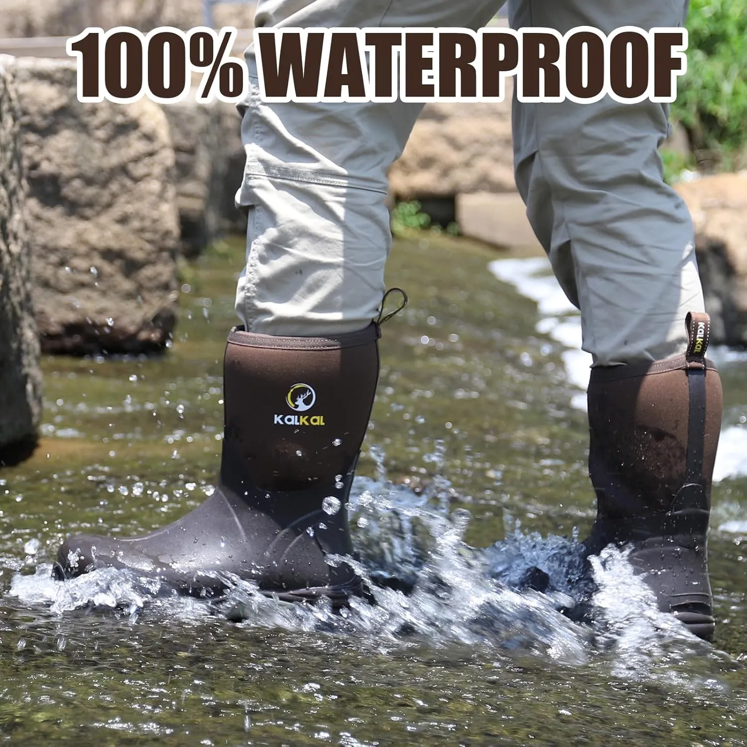 Kalkal Rubber Boots for Men, Waterproof Mid Calf Mens Rain Boots, 6mm Neoprene Insulated Mens Rubber Work Boots for Hunting Gardening Farming Fishing Mud Working, Size 7-14